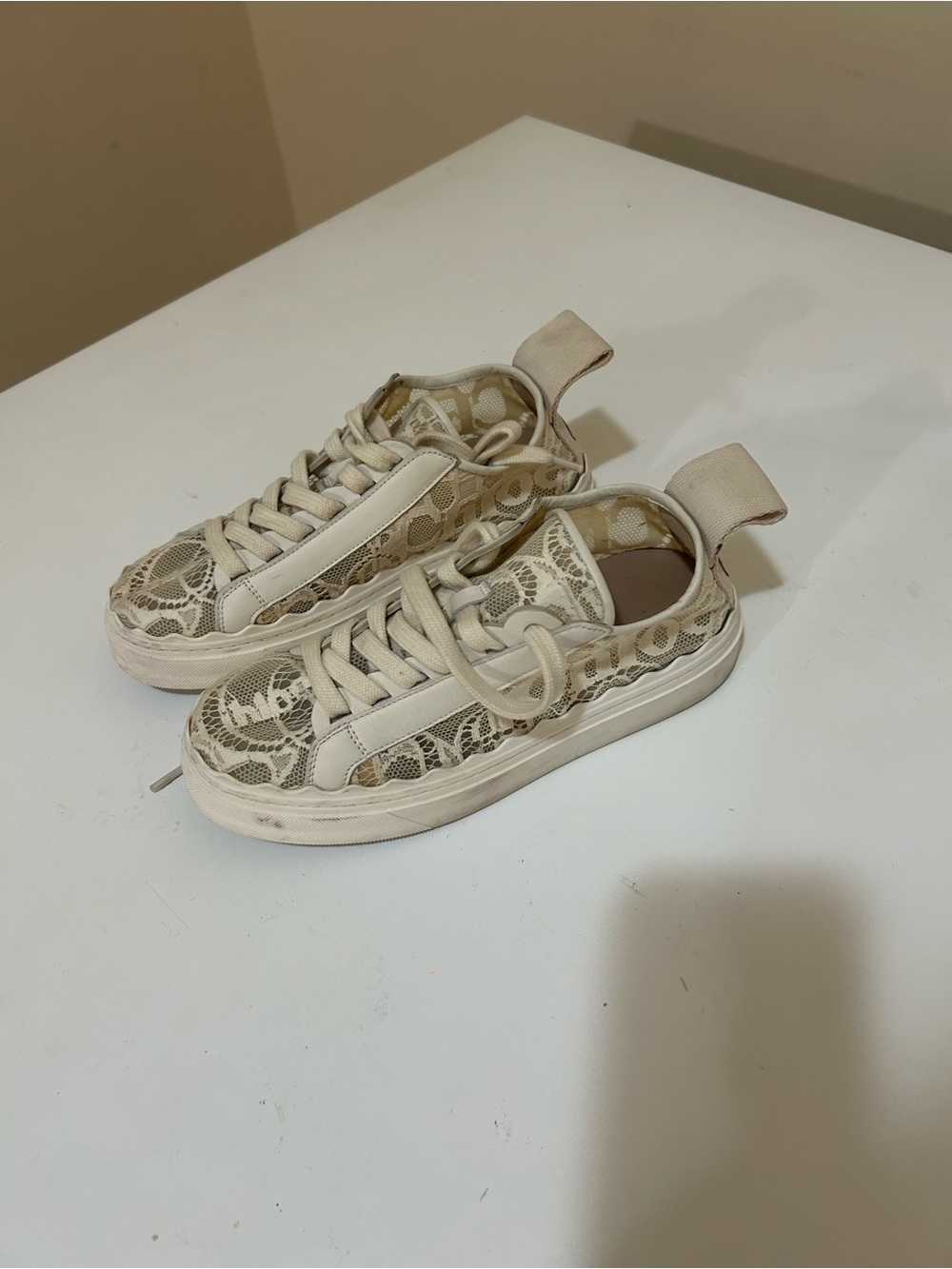 Chloe Lace-Detail Canvas Sneakers in Beige